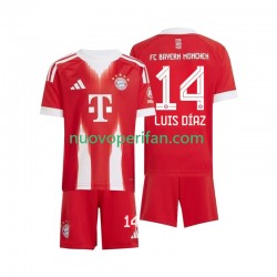 Maglie da Calcio FC Bayern München Luis Diaz 14 Bambino Prima Tenuta 2025-2026 Maniche Corte