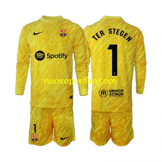 Maglie da Calcio FC Barcelona Ter Stegen 1 Portiere Bambino Trasferta Tenuta 2024-2025 Maniche Lunghe
