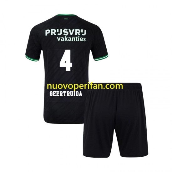 Maglie da Calcio Feyenoord Rotterdam Lutsharel Geertruida 4 Bambino Trasferta Tenuta 2024-2025 Maniche Corte