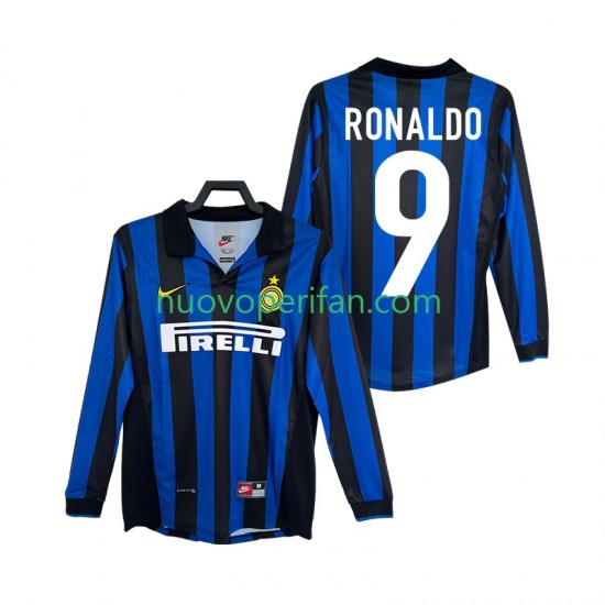 Maglie da Calcio Inter Milan Ronaldo 9 Retro Uomo Prima Tenuta 1998 1999 Maniche Lunghe