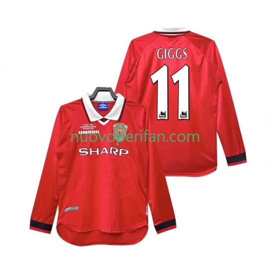Maglie da Calcio Manchester United Giggs 11 2000 Retro Uomo Prima Tenuta 1999 Maniche Lunghe