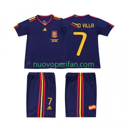 Maglie da Calcio Spagna DAVID VILLA 7 Retro Bambino Trasferta Tenuta 2010 Maniche Corte