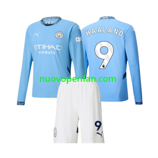 Maglie da Calcio Manchester City Erling Haaland 9 Bambino Prima Tenuta 2024-2025 Maniche Lunghe