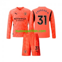 Maglie da Calcio Manchester City Ederson Moraes 31 Portiere Bambino Trasferta Tenuta 2024-2025 Maniche Lunghe