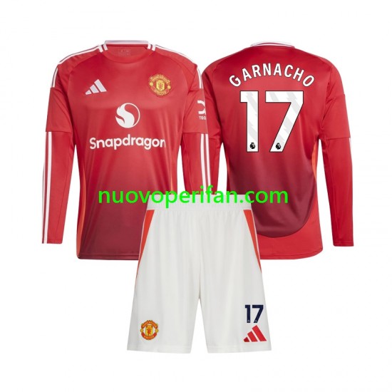 Maglie da Calcio Manchester United Alejandro Garnacho 17 Bambino Prima Tenuta 2024-2025 Maniche Lunghe
