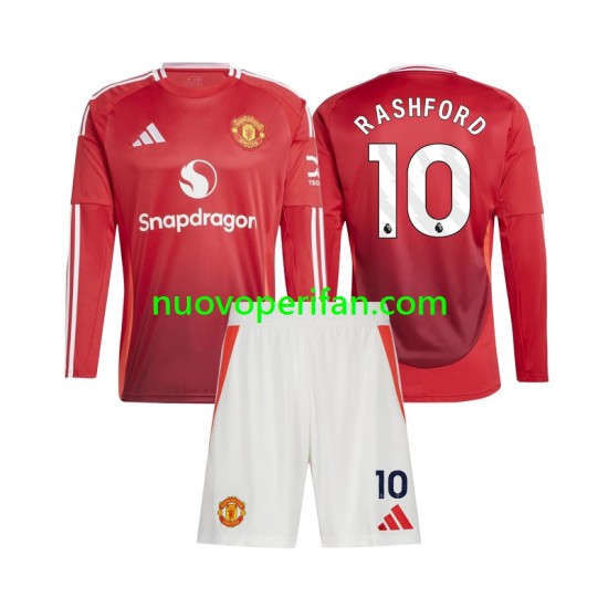 Maglie da Calcio Manchester United Marcus Rashford 10 Bambino Prima Tenuta 2024-2025 Maniche Lunghe
