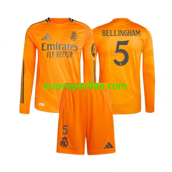 Maglie da Calcio Real Madrid Jude Bellingham 5 Bambino Trasferta Tenuta 2024-2025 Maniche Lunghe