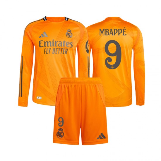 Maglie da Calcio Real Madrid Mbappé 9 Bambino Trasferta Tenuta 2024-2025 Maniche Lunghe