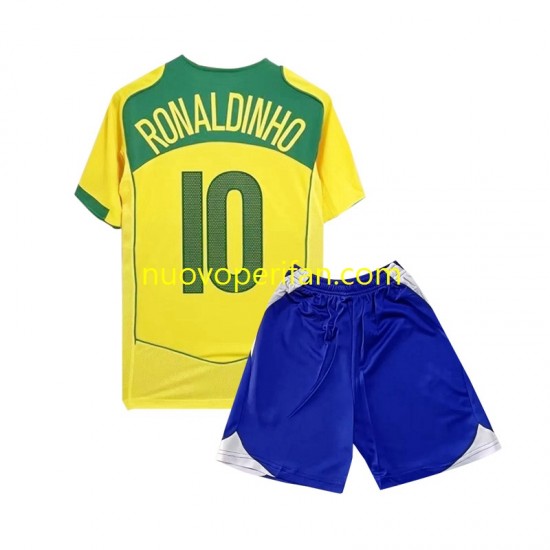 Maglie da Calcio Brasile Ronaldiho 10 Retro Bambino Prima Tenuta 2004 Maniche Corte