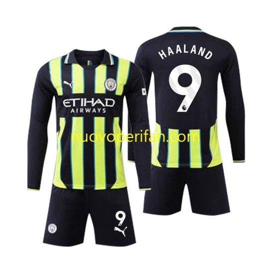 Maglie da Calcio Manchester City Erling Haaland 9 Bambino Trasferta Tenuta 2024-2025 Maniche Lunghe