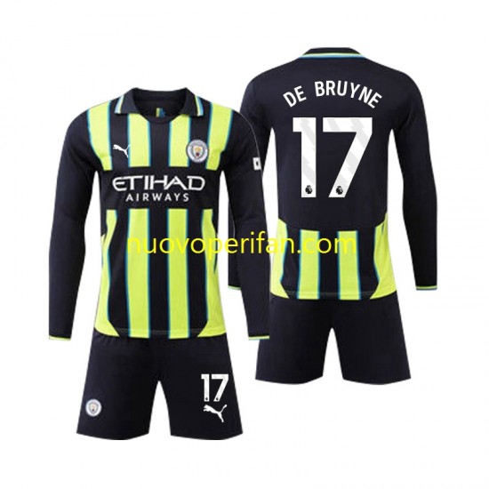 Maglie da Calcio Manchester City Kevin De Bruyne 17 Bambino Trasferta Tenuta 2024-2025 Maniche Lunghe