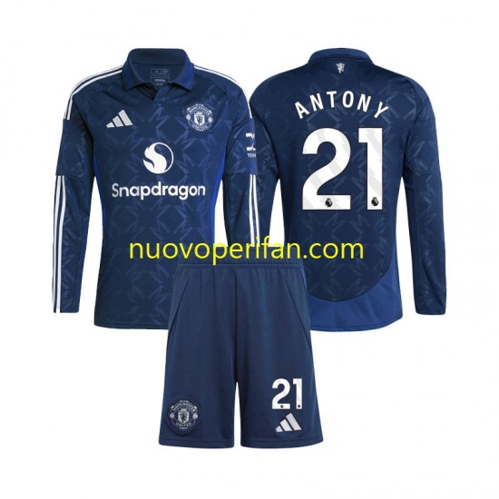 Maglie da Calcio Manchester United Antony 21 Bambino Prima Tenuta 2024-2025 Maniche Lunghe
