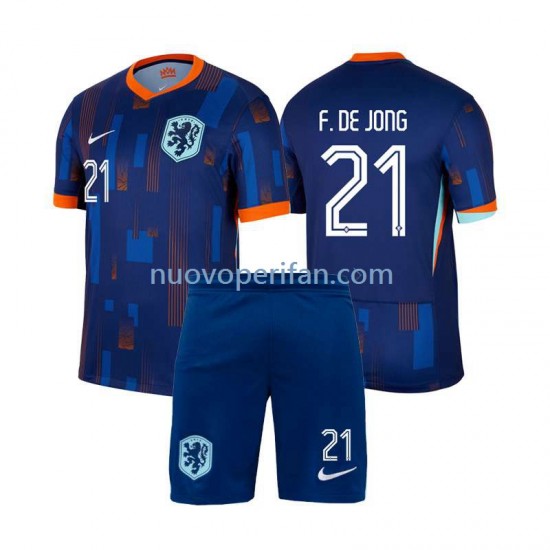 Maglie da Calcio Paesi Bassi Frenkie de Jong 21 Bambino Trasferta Tenuta Euro 2024 Maniche Corte
