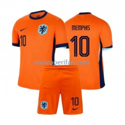 Maglie da Calcio Paesi Bassi Memphis Depay 10 Bambino Prima Tenuta Euro 2024 Maniche Corte