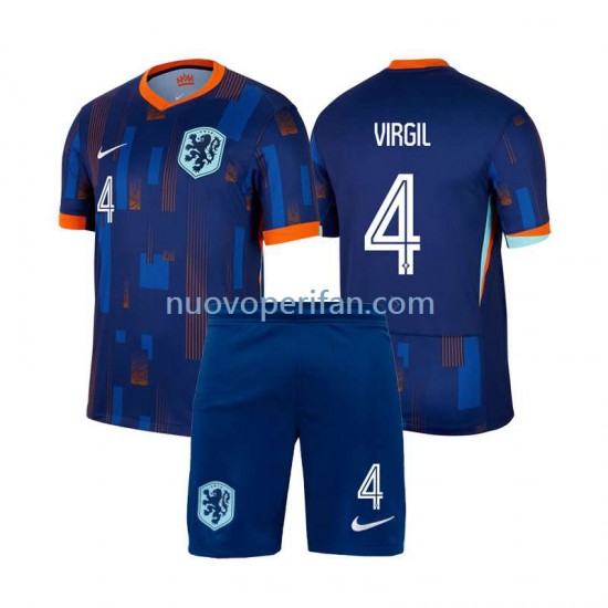 Maglie da Calcio Paesi Bassi Virgil van Dijk 4 Bambino Trasferta Tenuta Euro 2024 Maniche Corte