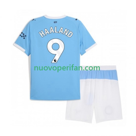 Maglie da Calcio Manchester City Erling Haaland 9 Bambino Prima Tenuta 2025-2026 Maniche Corte