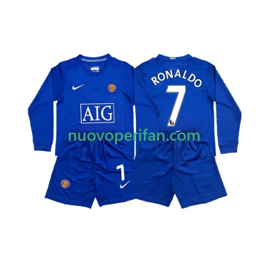 Maglie da Calcio Manchester United Cristiano Ronaldo 7 Retro Bambino Trasferta Tenuta 2008 Maniche Lunghe