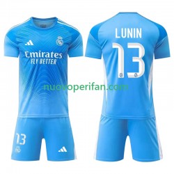 Maglie da Calcio Real Madrid Andriy Lunin 13 Portiere Bambino Prima Tenuta 2025-2026 Maniche Corte