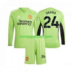 Maglie da Calcio Manchester United Andre Onana 24 Portiere Bambino Prima Tenuta 2023-2024 Maniche Lunghe