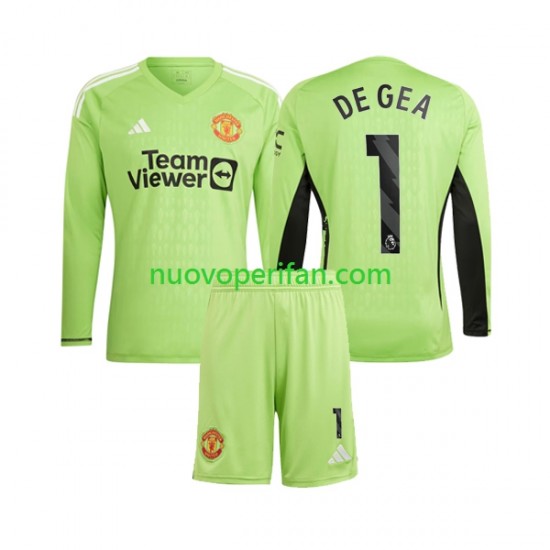 Maglie da Calcio Manchester United De Gea 1 Portiere Bambino Prima Tenuta 2023-2024 Maniche Lunghe