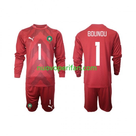 Maglie da Calcio Marocco Yassine Bounou 1 Portiere Bambino Prima Tenuta 2022 Maniche Lunghe
