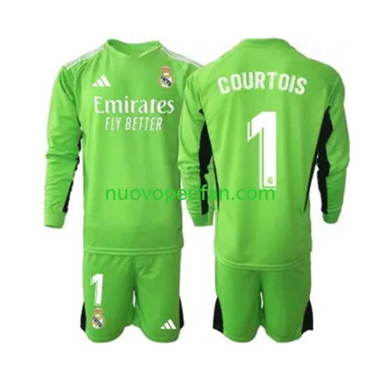 Maglie da Calcio Real Madrid Thibaut Courtois 1 Portiere Bambino Prima Tenuta 2023-2024 Maniche Lunghe