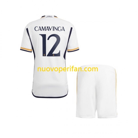 Maglie da Calcio Real Madrid Camavinga 12 Bambino Prima Tenuta 2023-2024 Maniche Corte
