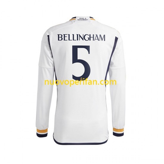 Maglie da Calcio Real Madrid Jude Bellingham 5 Uomo Prima Tenuta 2023-2024 Maniche Lunghe