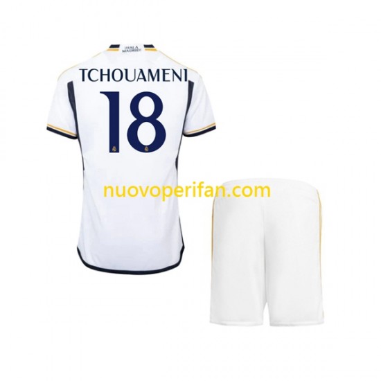 Maglie da Calcio Real Madrid TCHOUAMENI 18 Bambino Prima Tenuta 2023-2024 Maniche Corte