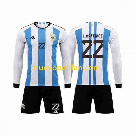 Maglie da Calcio Argentina 3 Stars Lautaro Martinez 22 Bambino Prima Tenuta Mondiali 2022 Maniche Lunghe