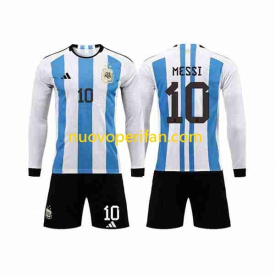 Maglie da Calcio Argentina 3 Stars Lionel Messi 10 Bambino Prima Tenuta Mondiali 2022 Maniche Lunghe