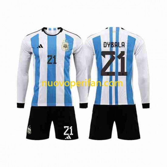Maglie da Calcio Argentina 3 Stars Paulo Dybala 21 Bambino Prima Tenuta Mondiali 2022 Maniche Lunghe