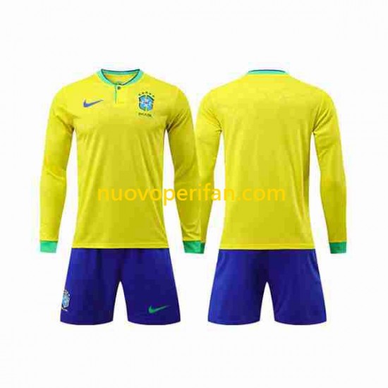 Maglie da Calcio Brasile Bambino Prima Tenuta Mondiali 2022 Maniche Lunghe