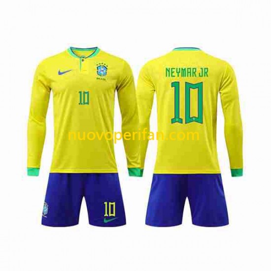 Maglie da Calcio Brasile Neymar Jr 10 Bambino Prima Tenuta Mondiali 2022 Maniche Lunghe