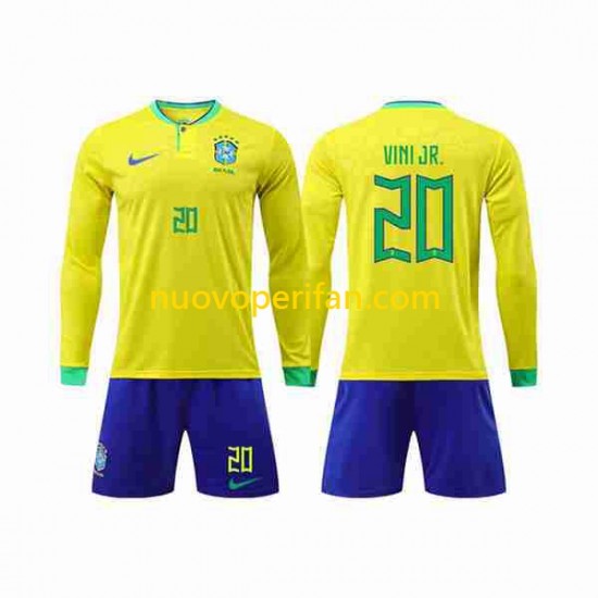 Maglie da Calcio Brasile Vinicius Junior 20 Bambino Prima Tenuta Mondiali 2022 Maniche Lunghe