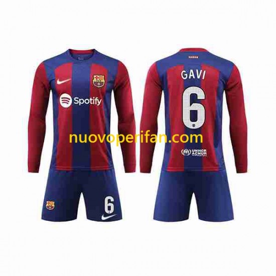 Maglie da Calcio FC Barcelona GAVI 6 Bambino Prima Tenuta 2023-2024 Maniche Lunghe