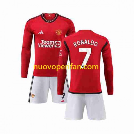 Maglie da Calcio Manchester United Ronaldo 7 Bambino Prima Tenuta 2023-2024 Maniche Lunghe