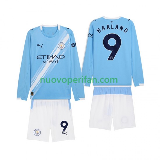 Maglie da Calcio Manchester City Erling Haaland 9 Bambino Prima Tenuta 2025-2026 Maniche Lunghe