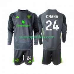 Maglie da Calcio Manchester United Andre Onana 24 Portiere Bambino Trasferta Tenuta 2025-2026 Maniche Lunghe