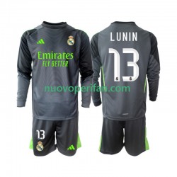 Maglie da Calcio Real Madrid Andriy Lunin 13 Portiere Bambino Alternativa Tenuta 2025-2026 Maniche Lunghe