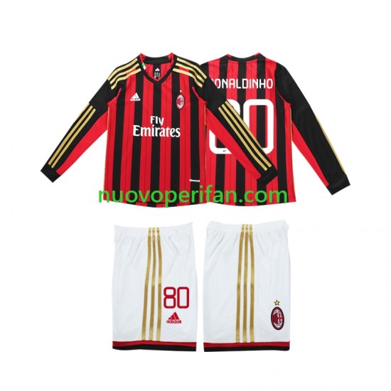 Maglie da Calcio AC Milan RONALDINHO 80 2013 2014 Retro Bambino Prima Tenuta Maniche Lunghe