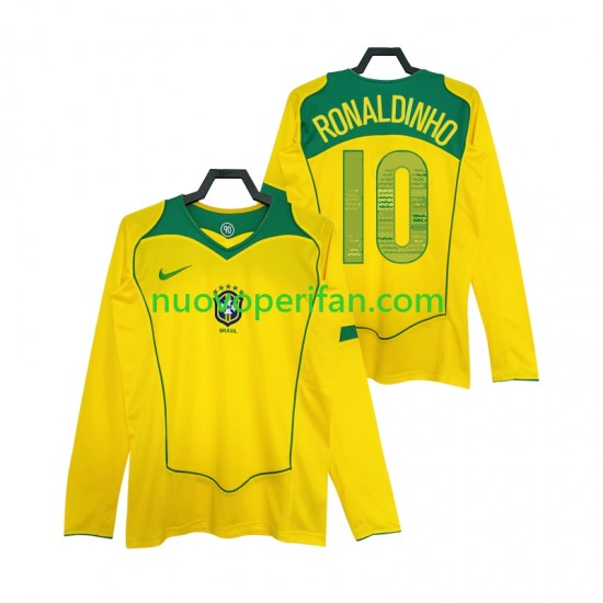 Maglie da Calcio Brasile RONALDINHO 10 Retro Uomo Prima Tenuta 2004 Maniche Lunghe