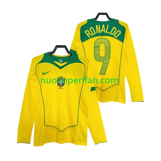 Maglie da Calcio Brasile RONALDO 9 Retro Uomo Prima Tenuta 2004 Maniche Lunghe