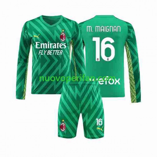 Maglie da Calcio AC Milan Mike Maignan 16 Portiere Bambino Prima Tenuta 2023-2024 Maniche Lunghe