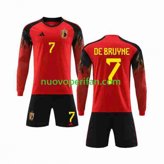 Maglie da Calcio Belgio De Bruyne 7 Bambino Prima Tenuta Mondiali 2022 Maniche Lunghe