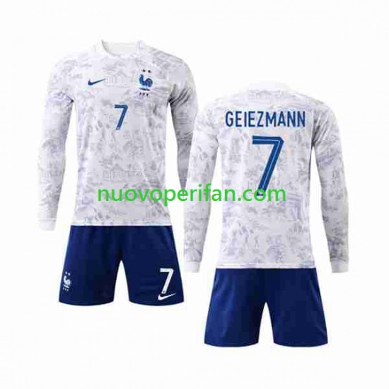 Maglie da Calcio Francia Griezmann 7 Bambino Trasferta Tenuta Mondiali 2022 Maniche Lunghe