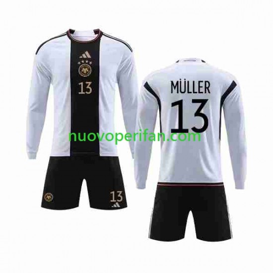 Maglie da Calcio Germania MULLER 13 Bambino Prima Tenuta Mondiali 2022 Maniche Lunghe