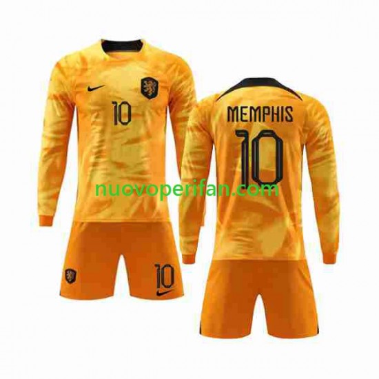 Maglie da Calcio Paesi Bassi Memphis 10 Bambino Prima Tenuta Mondiali 2022 Maniche Lunghe