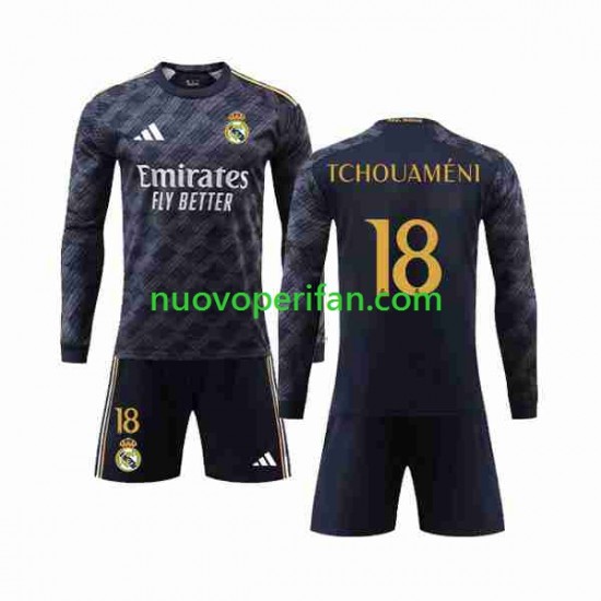 Maglie da Calcio Real Madrid Aurelien Tchouameni 18 Bambino Trasferta Tenuta 2023-2024 Maniche Lunghe
