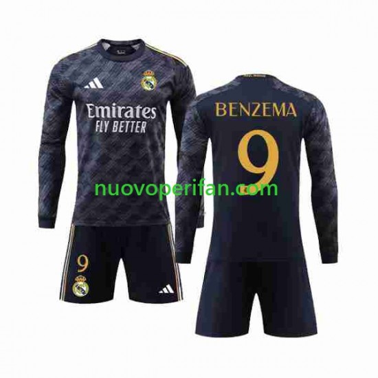 Maglie da Calcio Real Madrid Benzema 9 Bambino Trasferta Tenuta 2023-2024 Maniche Lunghe
